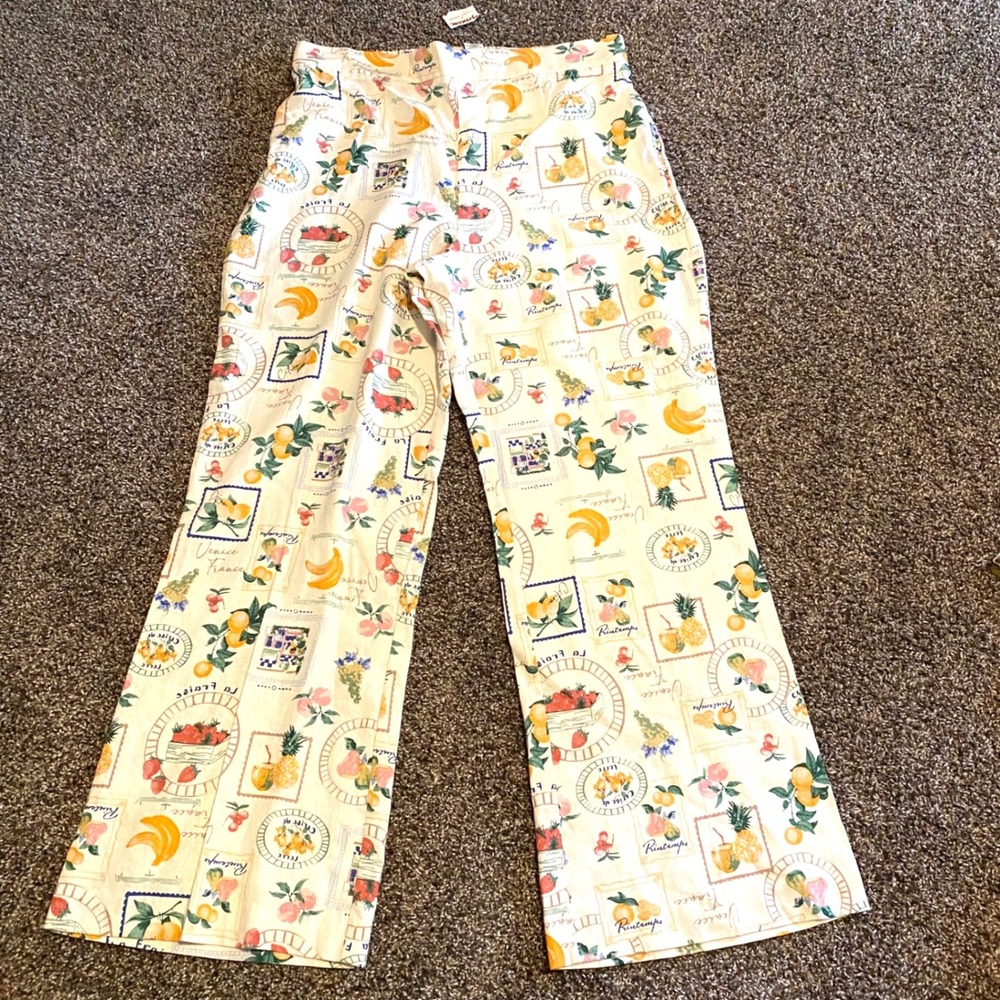 Rachel Zoe Wide Leg Pants Fruit Print Postcard Coastal Women XL Cream Multi NWT